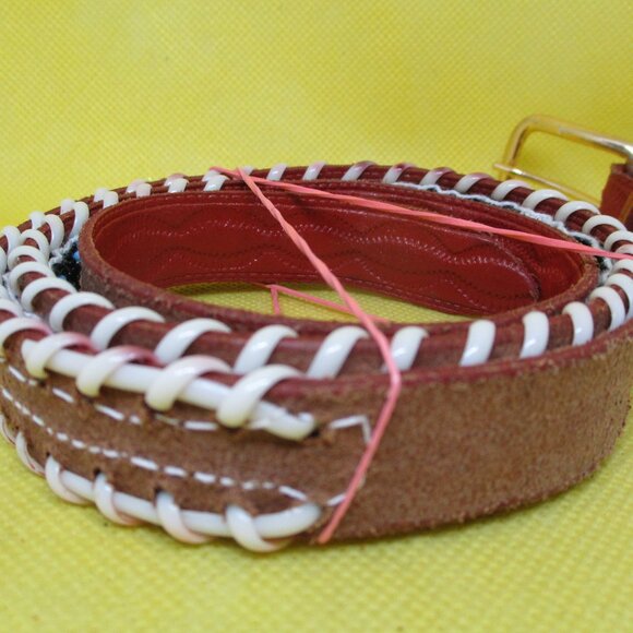 Seed Bead Tan Embossed Genuine Leather Belt Gold Tone Buckle Southwestern Belt - Picture 7 of 7